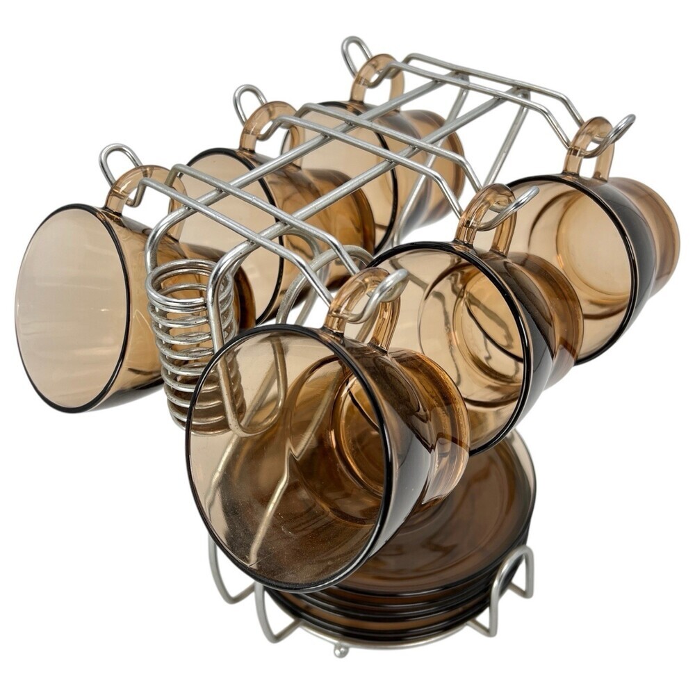 Duralex Amber Brown Glass Espresso Coffee Cup & Saucer 12 Pc Set + Display Stand - Picture 2 of 16